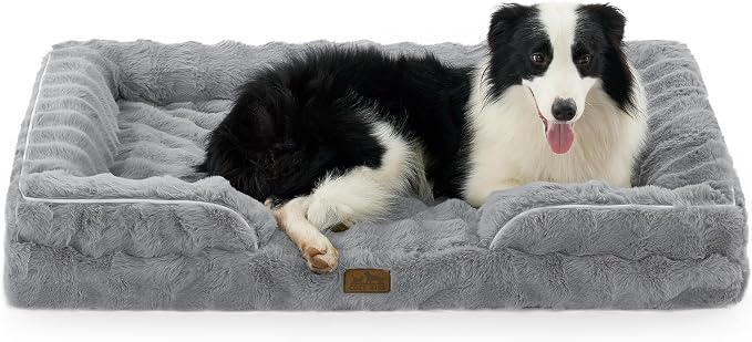COZY KISS Orthopedic Dog Bed for Extra Large Dog 44x32 inch, XL Faux Fur Pet Sofa, Bolster Foam Bed with Sides, Non-Slip and Egg-Crate Big Dog Couch Bed with Washable Removable Cover, Grey by COZYKISS