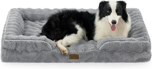 COZY KISS Orthopedic Dog Bed for Extra Large Dog 44x32 inch, XL Faux Fur Pet Sofa, Bolster Foam Bed with Sides, Non-Slip and Egg-Crate Big Dog Couch Bed with Washable Removable Cover, Grey by COZYKISS