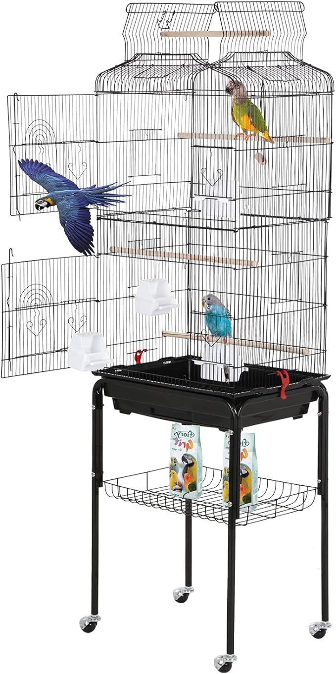 BestPet 64 inch Wrought Iron Bird Cage for Parakeets Medium Small Parrots Parakeet Cage with Detachable Rolling Stand & Play Open Top for Cockatiels Lovebird Finches Canaries (Black) by BestPet
