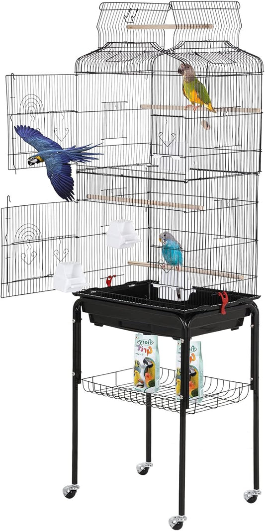 BestPet 64 inch Wrought Iron Bird Cage for Parakeets Medium Small Parrots Parakeet Cage with Detachable Rolling Stand & Play Open Top for Cockatiels Lovebird Finches Canaries (Black) by BestPet