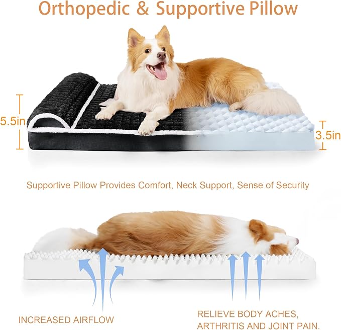 Orthopedic Large Dog Bed Pillow Pet Sofa Bed 56''X40'' Black | Egg-Crate Foam Pet Couch Large Sized Dog, Waterproof Removable Washable Cover,Furry Puppy Crate Mat With Nonskid Bottom - Image 6