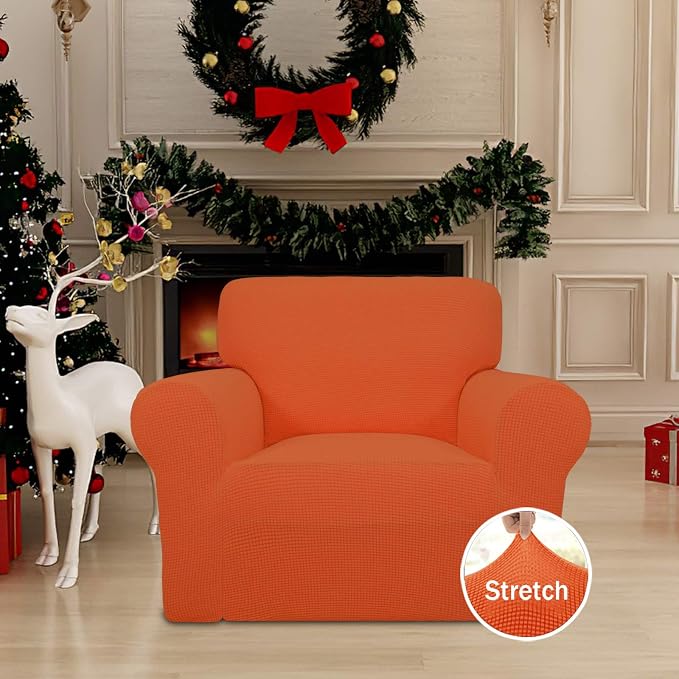 Easy-Going Stretch Chair Slipcover with Arm Washable Orange | 1-Piece Couch Sofa Cover Furniture Protector for Living Room Soft with Bottom For Kids, Pet. Spandex Jacquard - Image 2