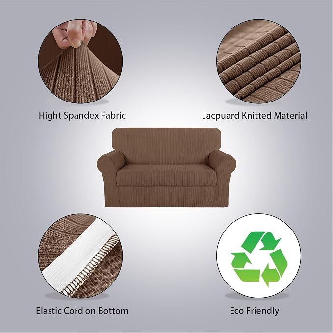 Loveseat Cover Stretching Skid Resistance Couch Cover for Pets Washable, Thick and Durable Soft High Spandex Striped Pattern Sofa Covers, Form Fitted Love Seat Slipcover(Loveseat, Brown) - Image 2