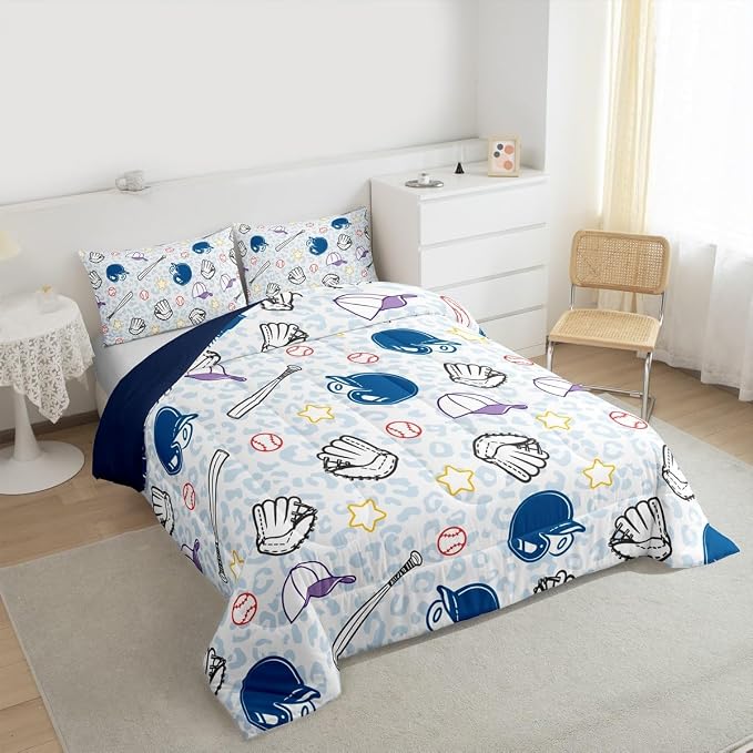 Baseball Comforter Set Twin Size,Blue Leopard Print Bedding Set 2pcs for Kids Boys Girls Room Decor,Cartoon Baseball Bat Hat Quilt Set Ball Sports Game Duvet Insert with 1 Pillowcase,Colorful - Image 6