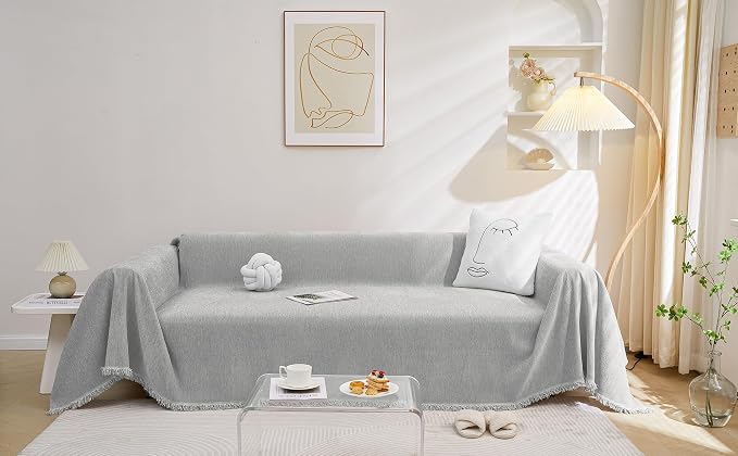 MEETSKY Sectional Couch Covers for Dog Chenille Sofa Cover, Washable Couch Cover for 3 Cushion Couch Sofa Pet Couch Furniture Protector, Light Grey Jacquard Sofa Slipcover with Tassel - Image 2