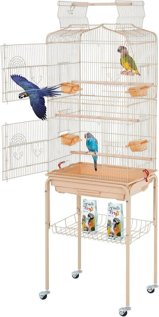 BestPet 64 inch Wrought Iron Bird Cage for Parakeets Medium Small Parrots Parakeet Cage with Detachable Rolling Stand & Play Open Top for Cockatiels Lovebird Finches Canaries (Almond) by BestPet