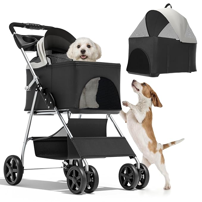 Magshion Foldable Pet Stroller, 3-in-1 Dog Travel Jogger with Detachable Carrier, Cup Holder, Storage Basket, Folding Carrier for Small/Medium Dogs & Cats Up to 33 lbs, Black