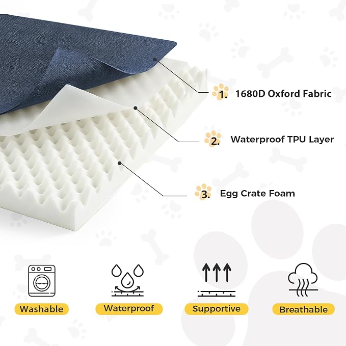 Outdoor Dog Bed Large Sized Dog, Waterproof Extra Large Dog Bed, 44x32x3.5 Inch, Orthopedic Dog Bed with Removable Washable Cover, Rectangle Egg Crate Foam Pet Bed for Outside, Navy Blue - Image 2