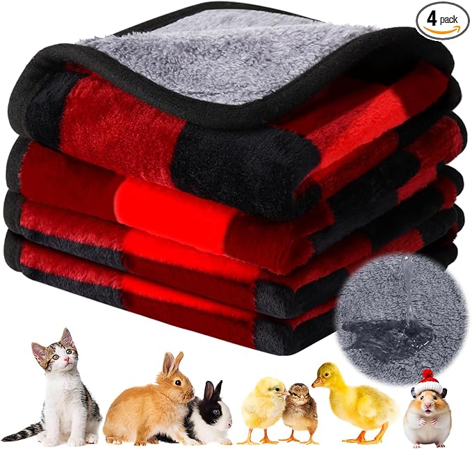 Reginary 4 Pcs Waterproof Guinea Pig Blankets Washable Small Animal Fleece Bedding Absorbent Guinea Pig Cage Liners Reusable Training Pee Pad Pet Sleep Mat for Hamster(Plaid,12 x 12 Inch) by Reginary