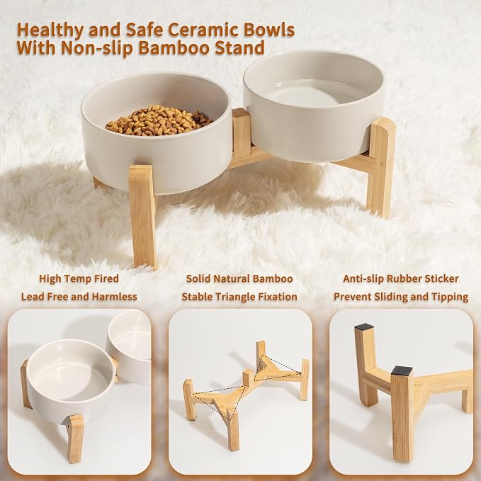Elevated Ceramic Dog Bowl, 3.6 Cups Dog Food and Water Bowl Set with Stand | 6.1'' Double Dog Feeding Dishes, Non-Slip Raised Dog Feeder for Small and Medium Breeds, 28.74 OZ / 850 ML, White - Image 3