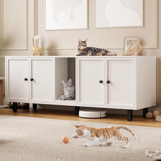 ONBRILL 63 Inches Cat Litter Box Enclosure for 2 Cats, Hidden Litter Boxes Furniture with Cat Scratch Pad, Large Indoor Pet House with Double Room, Wooden TV Stand Side Table, Off White by ONBRILL