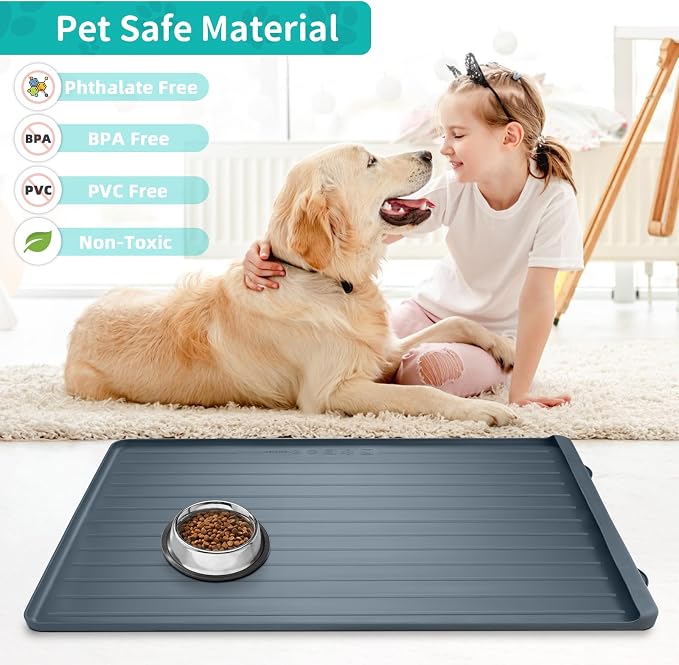 Dog mat for Food and Water - 39.4" x 27" Thickened Large Dog Food Mat | Waterproof Pet Bowl Mat with Residue Collection Pocket and High Edges to Prevent Water and Food Spills - Dark Grey - Image 6