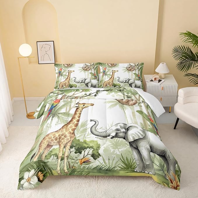 QOOMO Elephant Giraffe Monkeys Comforter Twin Size,Wild Animals Kids Comforter Set,3Pcs Bedding Set Printed Comforter with 2 Pillowcases,Down Alternative,Soft and Lightweight,for All Seasons - Image 2