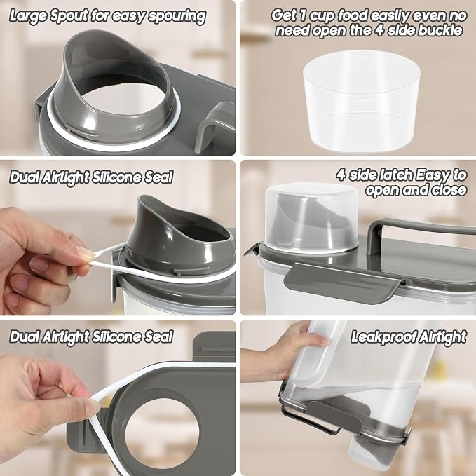 LEAWALK 5-7Lbs Cat Dog Pet Food Storage Container with Large Nozzle Design/4 Safety Buckles/Double-Layer Sealing Strips/Handle/Measuring Cup is Easy to Clean and Does -Khaki - Image 4