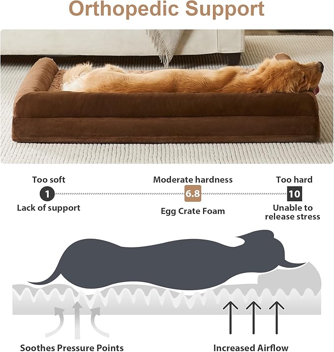 BFPETHOME Orthopedic Washable XLarge Dog Bed for Senior Dog Cozy Sleep | Extra Large Waterproof Big Soft Pet Couch Bed for Dogs Relax with Removable Cover Supportive Egg Crate Foam Brown 42x30 Inch - Image 2