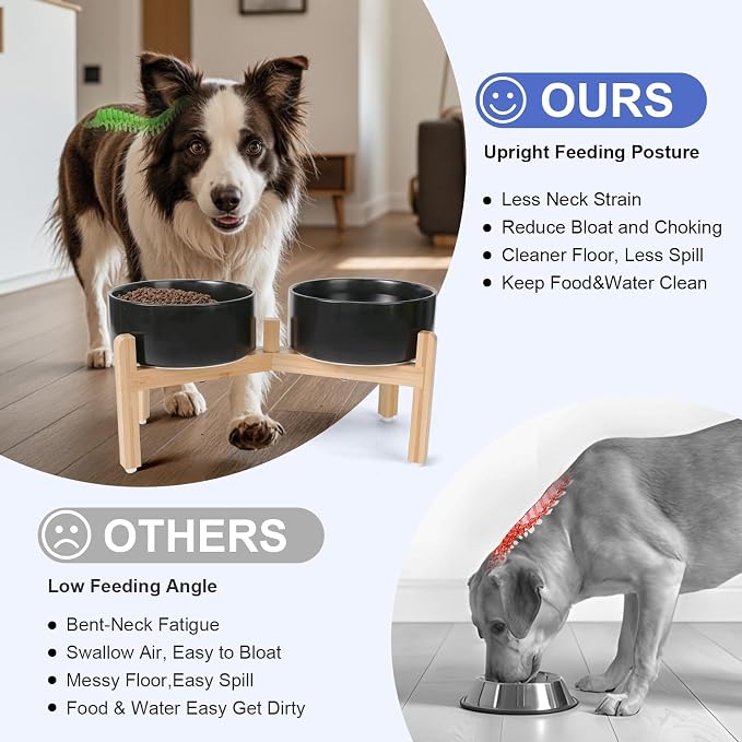 SPUNKYJUNKY Elevated Dog Bowls Ceramic, 7.3'' Dogs Food Water Bowls Raised with Non-Slip Bamboo Stand for Medium to Large Sized Breed Microwave Dishwasher Safe - 42 OZ,Black - Image 3