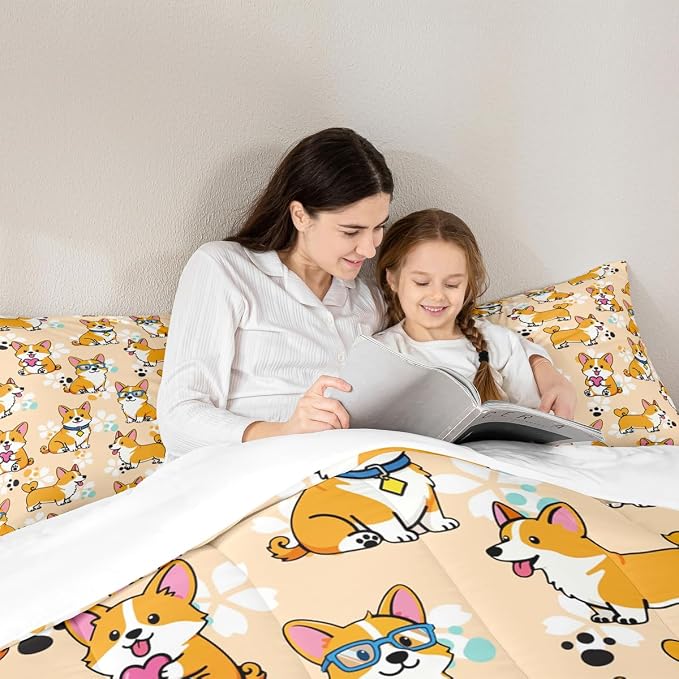 Cute Corgi Comforter Set Full Size,Cartoon Dog Paw Bedding Set 3pcs for Kids Teens Boys Girls Room Decor, Smiling Dog Quilt Set Kawaii Yellow Duvet Insert with 2 Pillowcases - Image 4