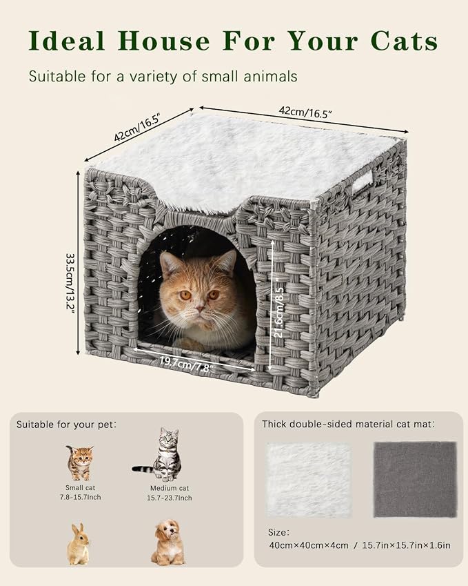 SETVSON Cat Beds Indoor Kitten House, Handwoven Rattan PE Cat Cave, Gray | 2-in-1 Kitty Condo with Top Perch & Bottom Cave, Furry Canvas Dual Cushion, 2 S-Hooks, Steel Frame, 16.5x16.5x13.2 In - Image 6