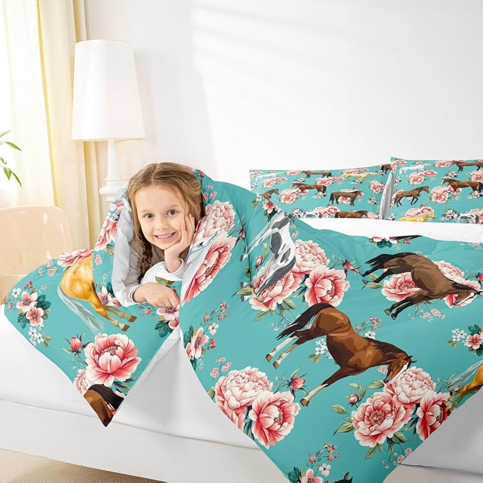 Horse Bedding Set Queen Chic Retro Blossom Comforter Set For Kids Girls Teens Galloping Horse Comforter Romantic Aesthetic Style 3D Wild Farm Animal Duvet Set Bedroom Decor Quilt Set, Green Pink - Image 6