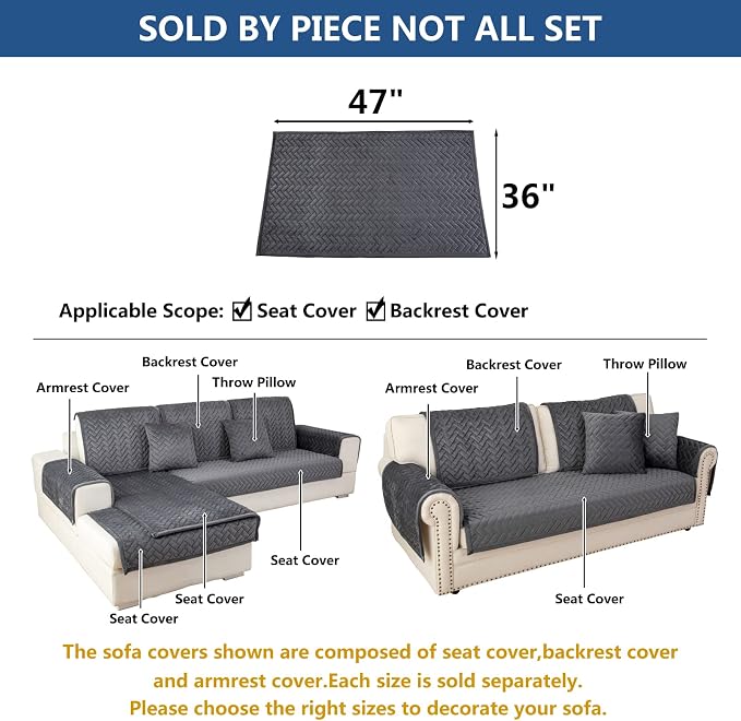Eismodra Couch Cover,Sectional Couch Covers,Sofa Covers for 3 Cushion Couch,Anti-Slip Sofa Slipcovers for Dogs Cats Kids Loveseat Recliner L Shaped Armrest Backrest,Dark Gray 36''x47''(Only 1 Piece) - Image 5