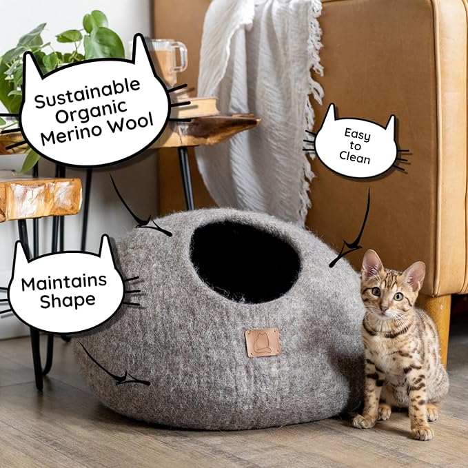 Extra Thick Felted Wool Cat Cave Bed Your Pet Will Love - Cozy and Warm Hideaway for Sleeping & Relaxing - Large and Small Pets - 100% Organic, Durable, Long-Lasting Comfort (Earth Brown, Small) - Image 3