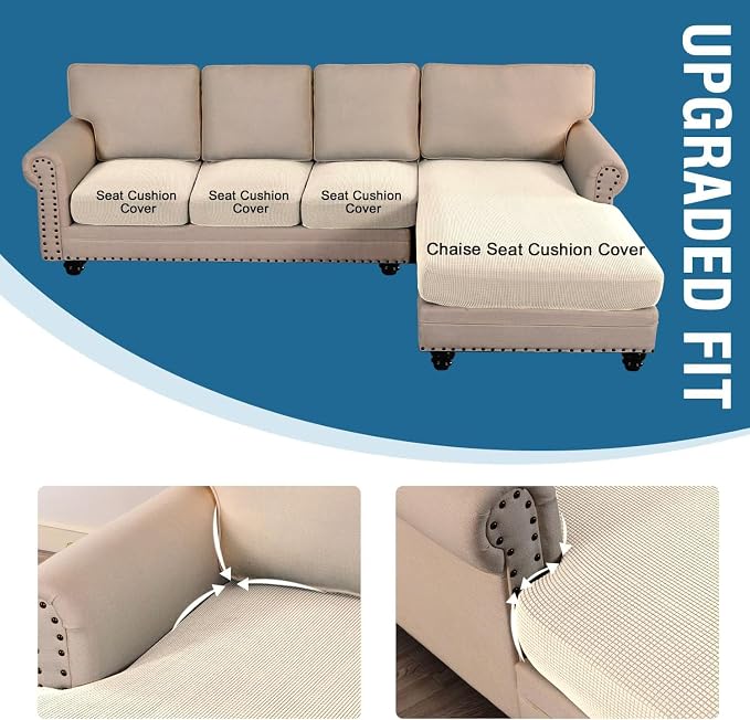 H.VERSAILTEX Sectional Couch Covers 4 Pieces Sofa Seat Cushion Covers L Shape Separate Cushion Couch Chaise Cover for Both Left/Right Sectional Couch (Seat Only: 1 Chaise + 3 Sofa, Cream) - Image 4