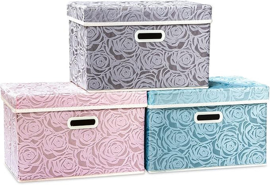 PRANDOM Larger Collapsible Storage Cubes with Lids Fabric Decorative Storage Bins Boxes Organizer Containers Baskets with Cover Handles for Bedroom Closet Living Room 17.7x11.8x11.8 Inch 3 Pack by Prandom