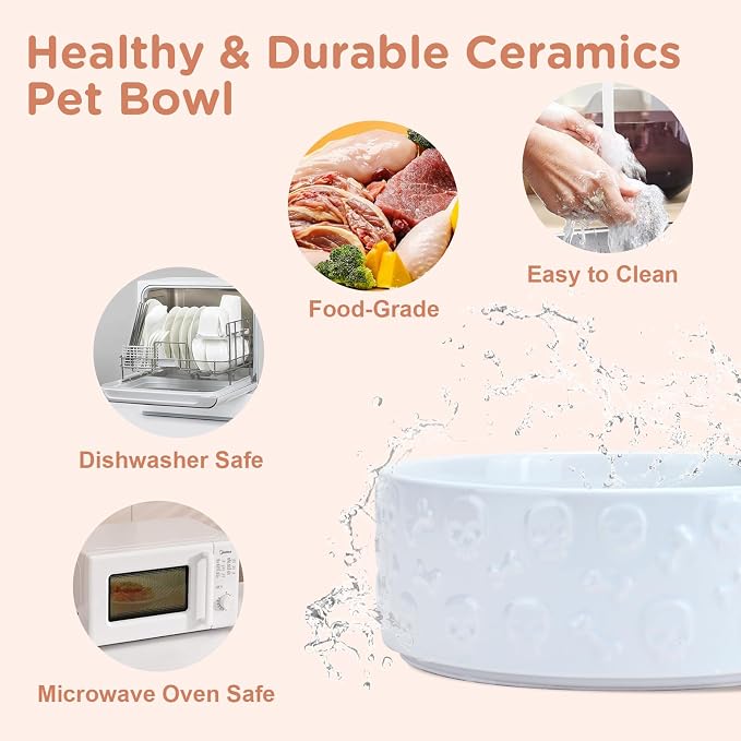 SPUNKYJUNKY Elevated Dog Bowls Ceramic, 8.3'' Dogs Food Water Bowls Raised with Non-Slip Bamboo Stand for Large Sized Breed Microwave Dishwasher Safe - 60 OZ,Skull White - Image 5