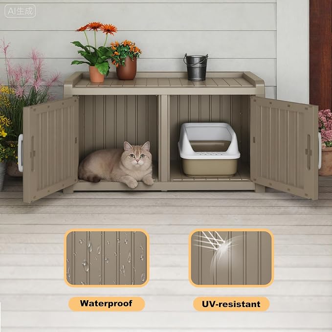 Cat Litter Box Enclosure Resin Hidden Cat Litter Box Furniture Multi-Functional Double Door Spacious Odorless Waterproof UV-Resistant Indoor Outdoor Use Grey - Image 3