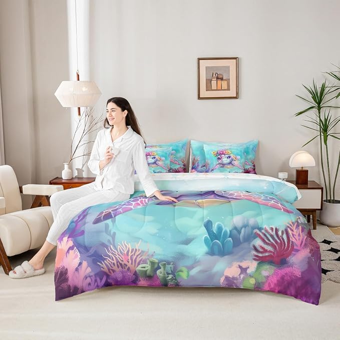 Erosebridal Turtle Comforter Set with Sheets Twin Size for Kids, Reptile Bed in A Bag for Bedroom, Underwater World Sea Animal 7 Pieces Bedding Set, Watercolour Coral Bed Sets - Image 6