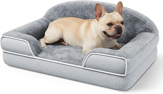 Orthopedic Dog Bed for Small to Medium Dogs, 30"x20" Dog Couch Bed | Egg Crate Foam for Pressure Relief, Cozy Bolster Sofa Design, Waterproof Removable Washable Cover, Non Slip Bottom Light Grey by TRAHOME