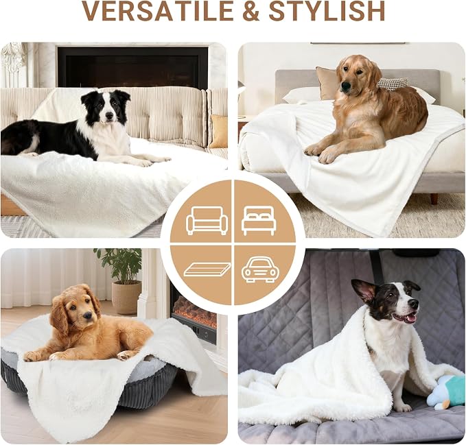 Waterproof Dog Blanket for Large Dogs - Reversible Washable Pet Blanket, Soft Sherpa Fleece Furniture Protector, Cat Throw Bed Couch, Cream, 60"x80" - Image 7