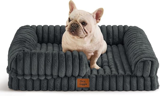 ChiXnuggle Faux Fur Orthopedic Dog Bolster Bed, Waterproof Washable Cover | rectangular dog sofa couch,egg crate foam,non-slip bottom,for small medium dogs,dark grey,30*24*7,puppy bed by SnuggleUpPawsDown