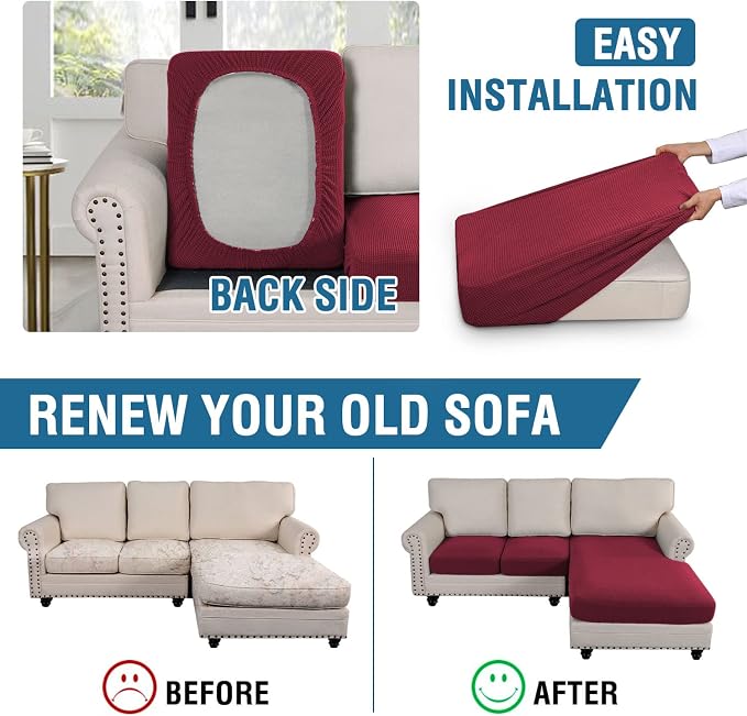 H.VERSAILTEX Sectional Couch Covers 3 Pieces Sofa Seat Cushion Covers L Shape Separate Cushion Couch Chaise Cover for Both Left/Right Sectional Couch (Seat Only: 1 Chaise + 2 Sofa, Burgundy) - Image 5