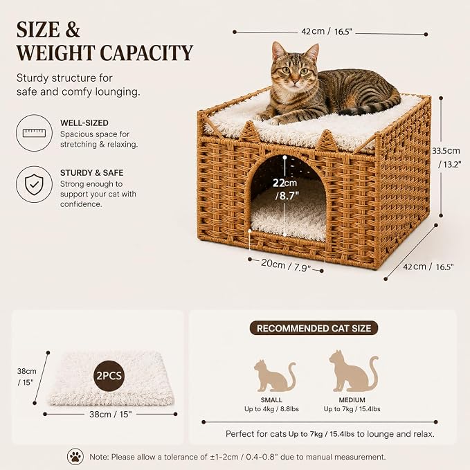 Cat Bed with Ears - Handwoven Rattan Cat Cave House for Indoor Kittens, Foldable Hideaway with 2 Removable Cushions, 16.5x16.5x13.2 Inch Natural Pet Cube for Living Room/Bedroom Natural - Image 5