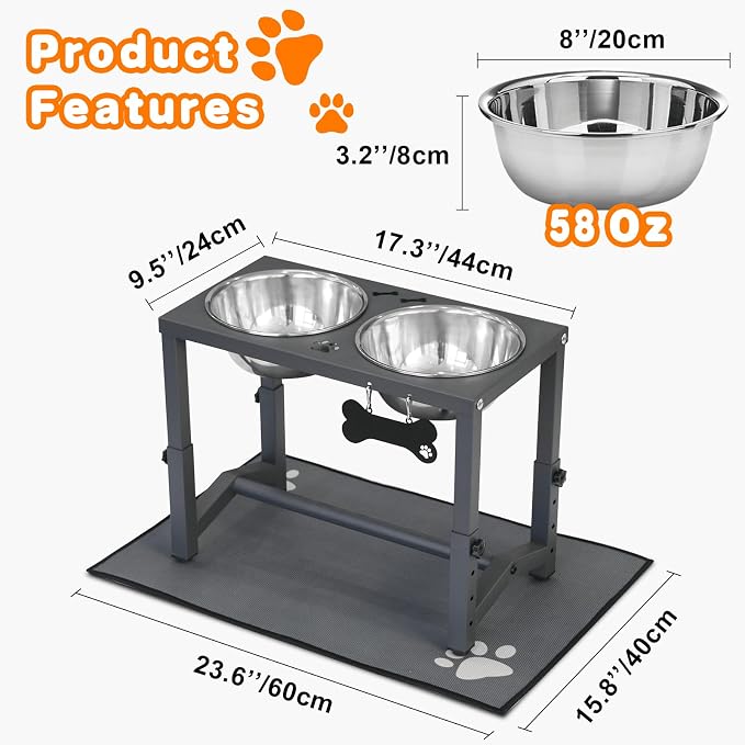 Elevated Dog Bowls, 4 Height Adjustable Metal Raised Bowl Stand with 2 Thick Stainless Steel Food Bowls & Spill-Proof Mat, Adjusts to 13.6'', 12.2'', 10.9'', 9.5'' for Large/Medium Breeds - Image 6