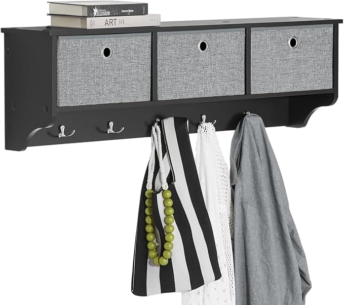 SoBuy Wall Shelf with Hooks | Coat Rack Wall Mount with Shelf Entrywall Storage Cabinet Unit with 3 Baskets 5 Hooks, Black, FRG282-SCH by Haotian