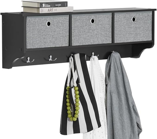 SoBuy Wall Shelf with Hooks | Coat Rack Wall Mount with Shelf Entrywall Storage Cabinet Unit with 3 Baskets 5 Hooks, Black, FRG282-SCH by Haotian
