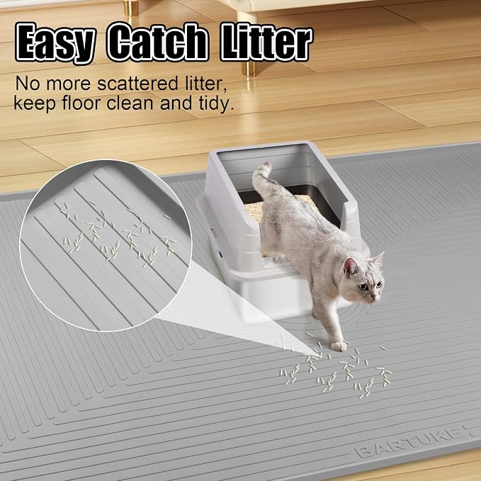 Silicone Cat Litter Mat 50" x 36" Cat Mat for Litter Box, Light Grey | Extra Large Cat Litter Trapping Mat for Floor, Waterproof, Non-Slip Kitty Litter Box Mat with Raised Edge, Easy to Clean - Image 4