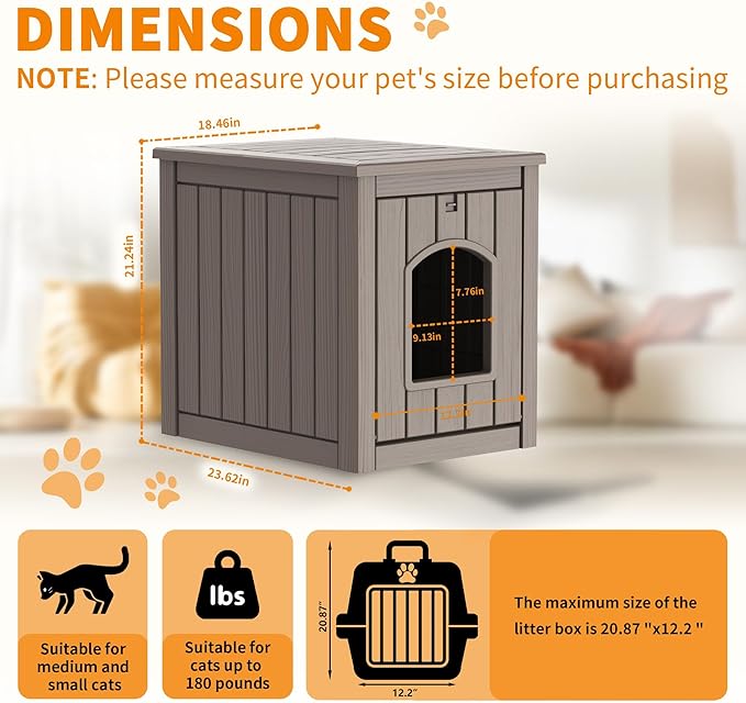 Cat Litter Box Enclosure, Multi-Functional Hidden Litter Box Furniture & Indoor Outdoor Cat House with Side Table Design, Openable Front Door & Raised Floor, Easy to Clean & Assemble, Grey - Image 6