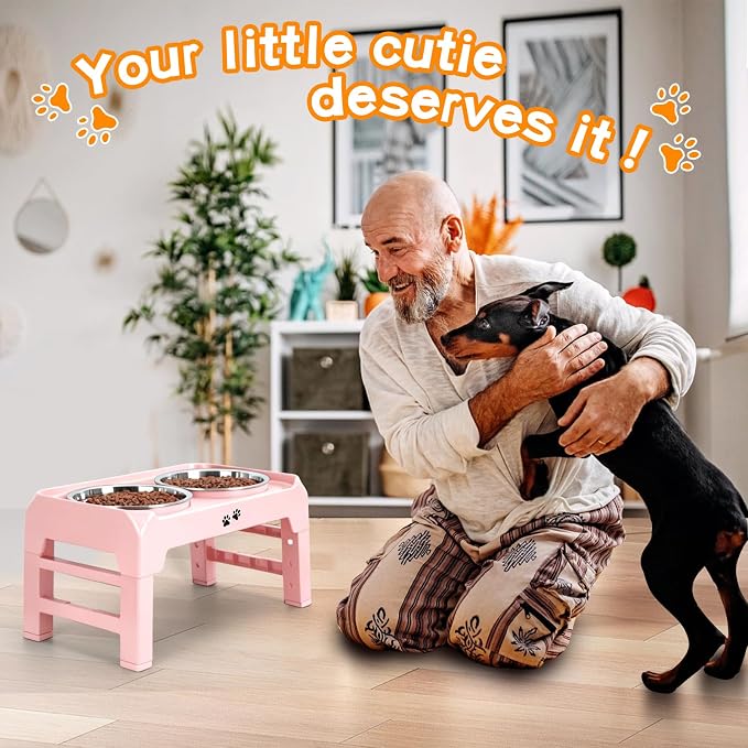 COMESOON Elevated Dog Bowls, 4 Height Adjustable Raised Bowl Stand with 2 Thick 50oz Stainless Steel Food Bowls Non-Slip Feeder Adjusts to 3.7'', 9.2'', 10.75'', 12.36'' Pink - Image 7