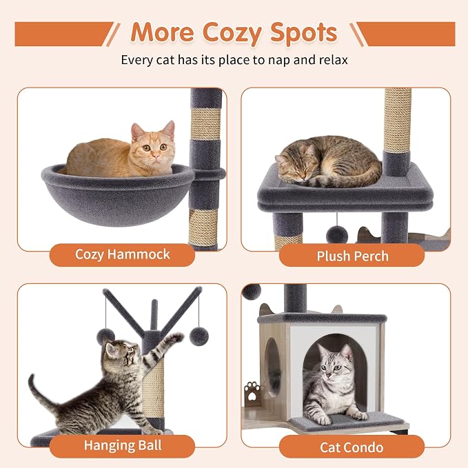 HavenlyYouth Cat Tree with Food Station and Litter Box Enclosure, Multi-Level Cat Tree Tower with Sisal Scratch Posts for Playtime, Plush Hammock in Gray for Cozy - Image 3