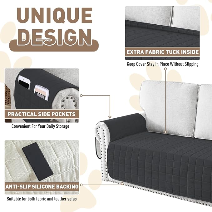 MAXIJIN Waterproof Couch Cover for Pets Dogs Washable, Quilted Sofa Seat Covers Washable for 3 Cushion Couch, Non-Slip Slipcover Furniture Protector with Side Pockets (Sofa, Black) - Image 4