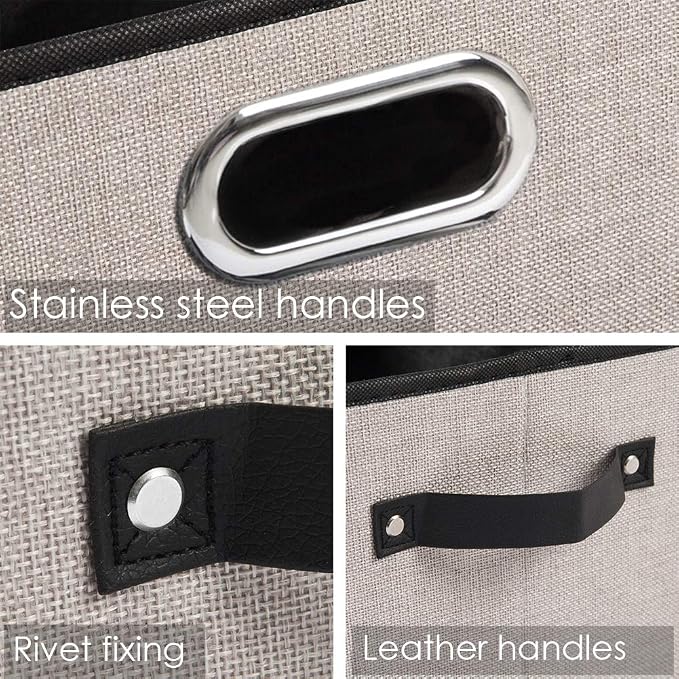 PRANDOM Large Fodable Storage Bins for Closet [5-pack] Decorative Linen Fabric Storage Bins Cubes with Leather/Metal Handles for Shelves Bedroom Living Room Light Grey (14.9x9.8x8.3 Inch) - Image 4