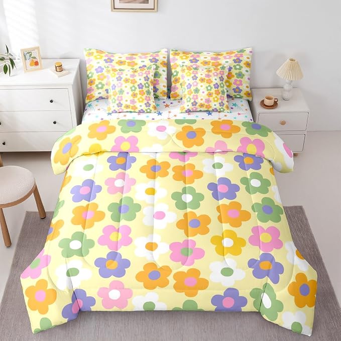 Feelyou Cute Flower 7 Piece Bedding Set Colorful Floral Comforter Set with Sheets for Kids Boys Girls Kawaii Theme Bed in a Bag Yellow Bed Set Soft Lightweight by Feelyou