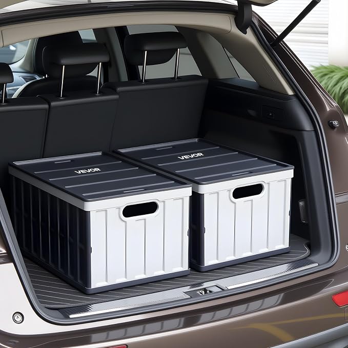 VEVOR Plastic Collapsible Storage Bins with Lids, 65L 2 Packs, Stackable Folding Storage Crates with Handles, Holds 84 lbs Per Bin, Heavy Duty Containers, Space-Saving Baskets, for Home Organizing - Image 8