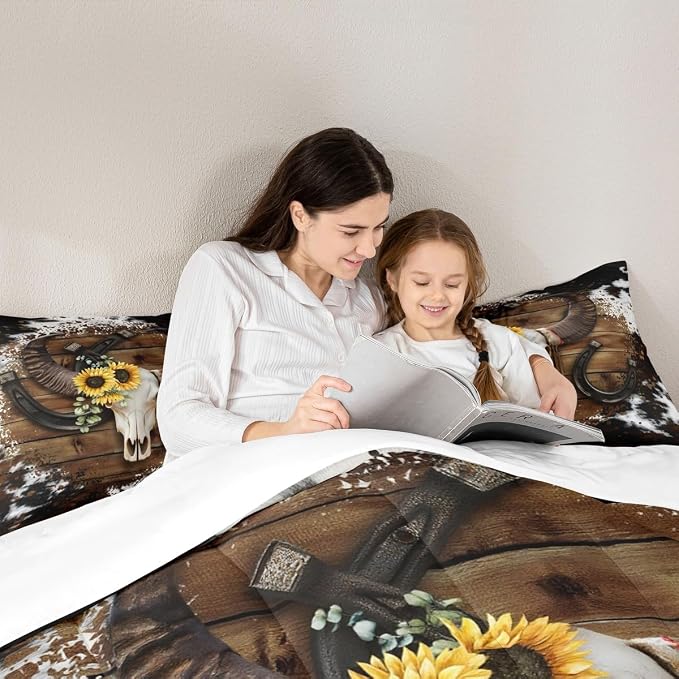 Homewish Cow Skull Kids Comforter Set Queen Size,Cow Fur Wooden Plank Farmhouse Bedding for Boys Girls Men Room Decor,Cowboy Horseshoe Sunflower Down,White Brown Rustic Duvet Insert,2 Pillowcases - Image 2