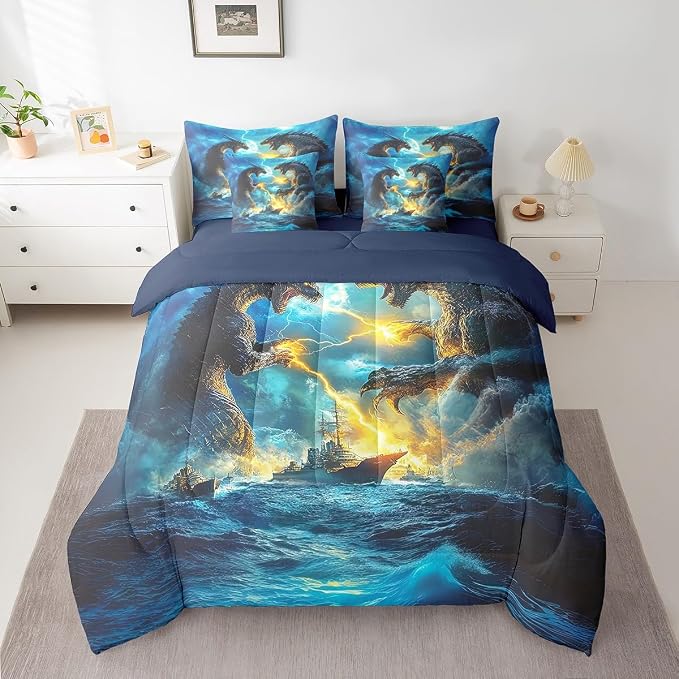Erosebridal 7Pcs Kids Comforter Sets Full Size, Dragon Comforter Set 3D Fierce Animal Theme Bedding Bed in a Bag(1 Comforter, 1 Flat Sheet 1 Fitted Sheet 2 Pillowcases and 2 Throw Pillow Covers) - Image 2