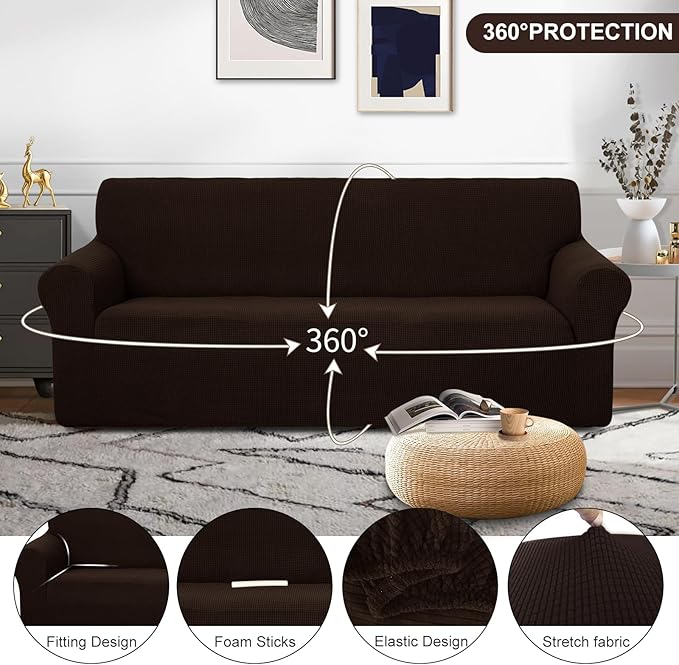 U-NICE HOME Oversized Stretch Couch Cover Slipcover, Chocolate | 3 Cushion Sofa, 1-Piece Sofa cover, Washable, Pet friendly, Furniture protector, Polyester Spandex Jacquard fabric - Image 3