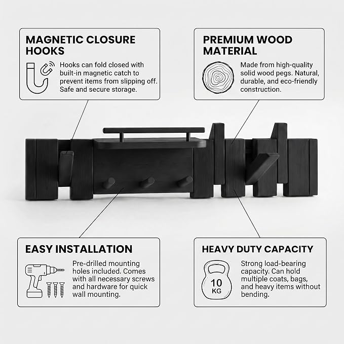 Mid Century Modern Wood Coat Rack Wall Mount with Shelf, 7 Hooks, Black | Wood and metal wall rack with fold-down piano-key hooks and display shelf organizes coats, bags, keys and decor up to 25 lb - Image 3